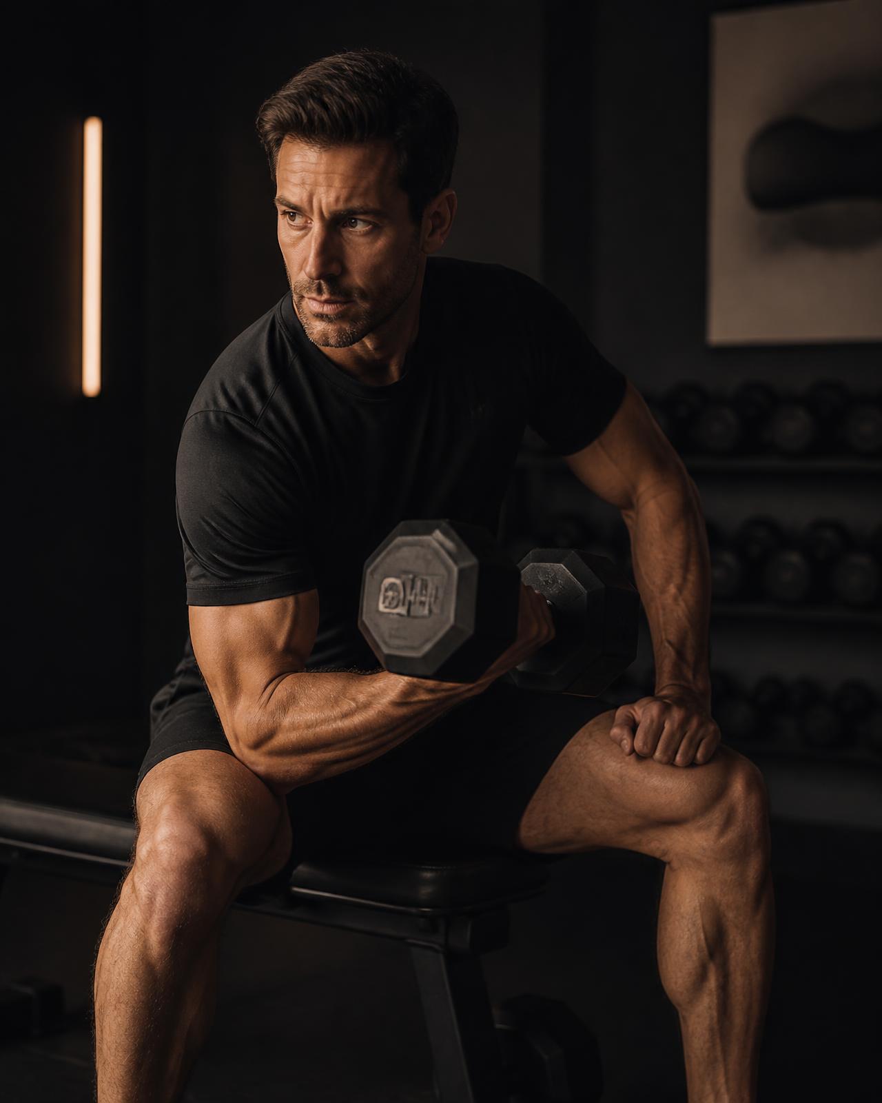 Coaching client training with a dumbbell in a private studio gym